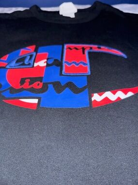Mens Vintage Champion Embroidery Graphic Tee Black with Red & Blue Print
